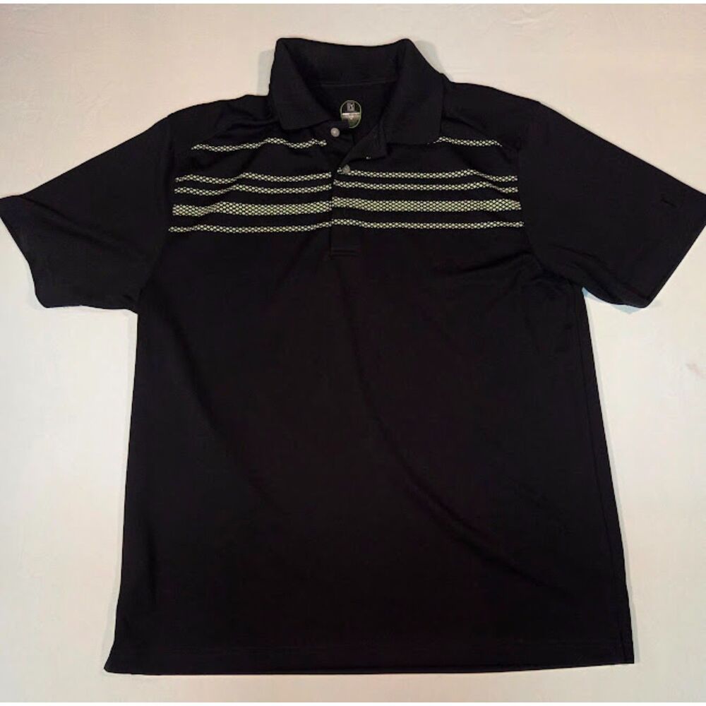 PGA Tour Pro Series Black Polo Shirt Green Stripe Performance Golf Top Size L